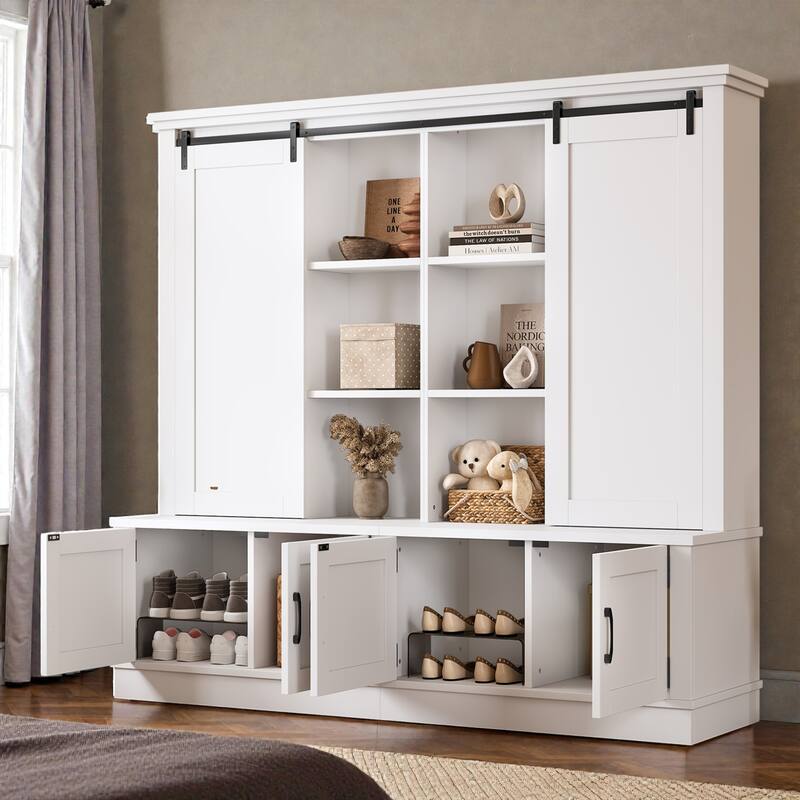 70.8 in Entryway Hall Cabinet with Sliding Barn Door, Multi-Tier Storage Shelves, 12 Compartments, Modern Mudroom Organizer