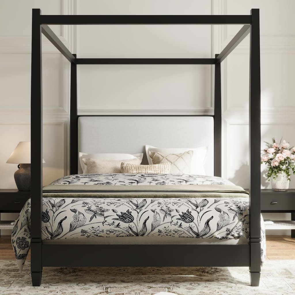 Roomfitters Queen Size Canopy Platform Bed Frame with Padded Linen Upholstered Headboard and Tapered Legs