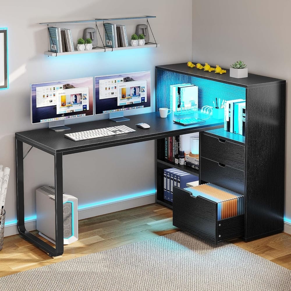 Moasis LED L-Shaped Desk with Drawers and Filing Cabinet, Home Corner Gaming Desk w/USB Ports