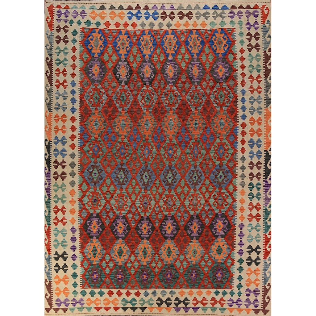 Trellis Geometric Kilim Oriental Area Rug Flatweave Wool Carpet - 8'8" x 11'9"