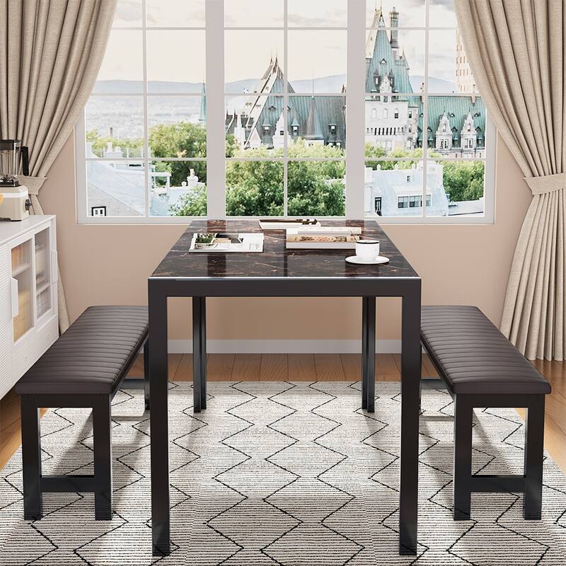 3-Piece Dining Table Set, Kitchen Table & PU Benches for 4