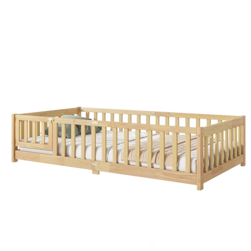 Twin Size Floor Bed with Fence and Door,Rubber Wood Floor Bed with Safety Guardrails