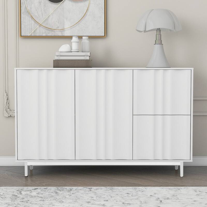 Wave Pattern Buffet Storage Cabinet with 2 Doors and 2 Drawers, Sideboard Cabinet Table with Adjustable Shelf