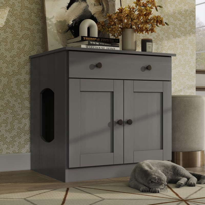 Palace Imports 100% Solid Wood Ziva 2-Door Cat Litter Box Enclosure with 2-Drawers - Gray