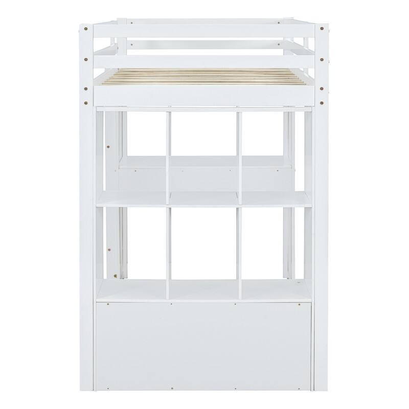 Twin Size Solid Wood Loft Bed with Desk,Shelves,and LED Light