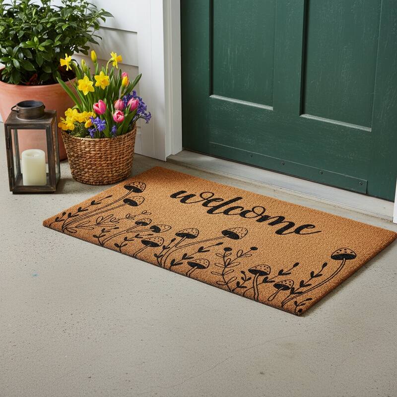 HomeRoots 24" X 36" Brown And Black Mushrooms Welcome Outdoor Coir Door Mat - 24.00' X '36.00 - 24.00' X '36.00