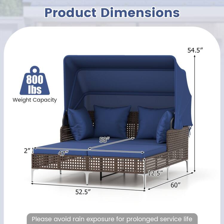 Mix Brown PE Rattan Outdoor Daybed with Cushions and Canopy - 60" x 52.5" x 54.5"