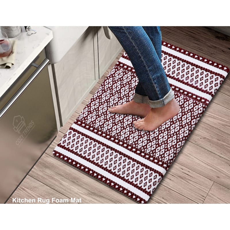 Cotton Kitchen Mat Cushioned Anti-Fatigue Rug, Non-Slip Mats Comfort Foam Rug for Kitchen, Office, Sink, Laundry - 18''x30'' - Burgundy/White