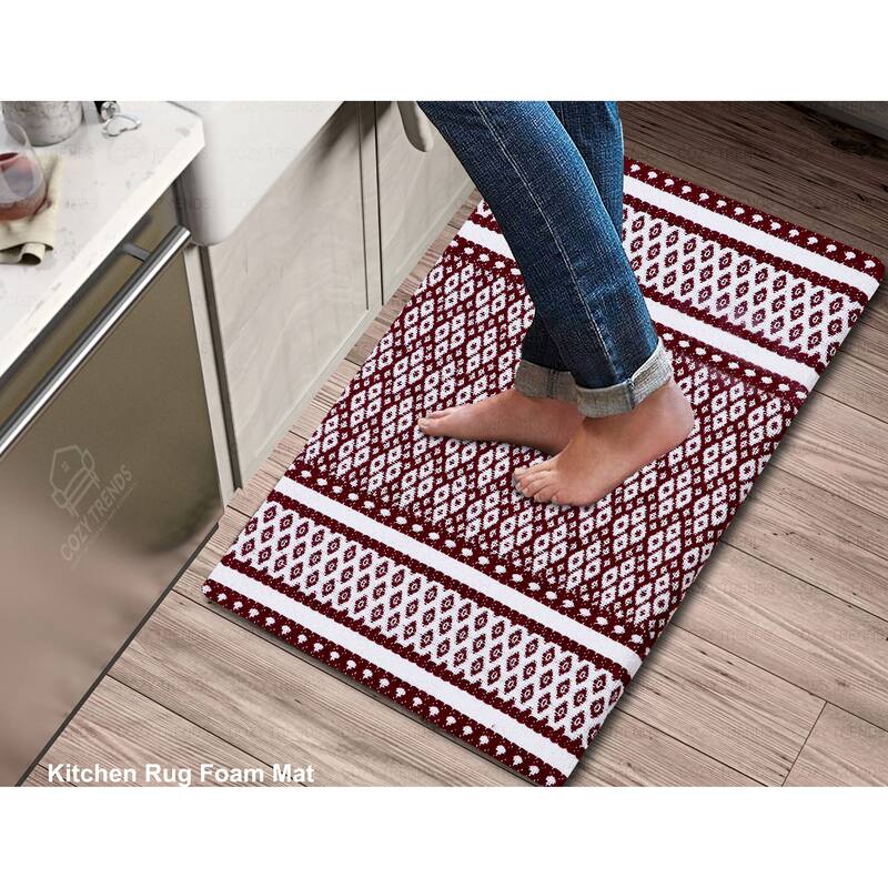 Woven Cotton Anti Fatigue Cushioned Kitchen | Doormat | Bathroom 18" x 30" Mats With Foam Backing Anti Slip - 18''x30'' -  Doormat | Bathroom  18" x 30"  Mats With Foam Backing Anti Slip - 18''x30''|Burgundy White