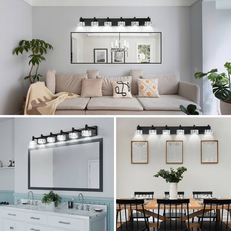 Modern 6-Light Matte Black LED Vanity Light Fixture with Crystal Glass Shades, Bathroom Wall Sconce