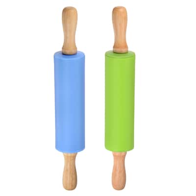 Silicone Rolling Pins for Baking Wood Handle 31cm x 4.2cm Green & Blue - Green & Blue