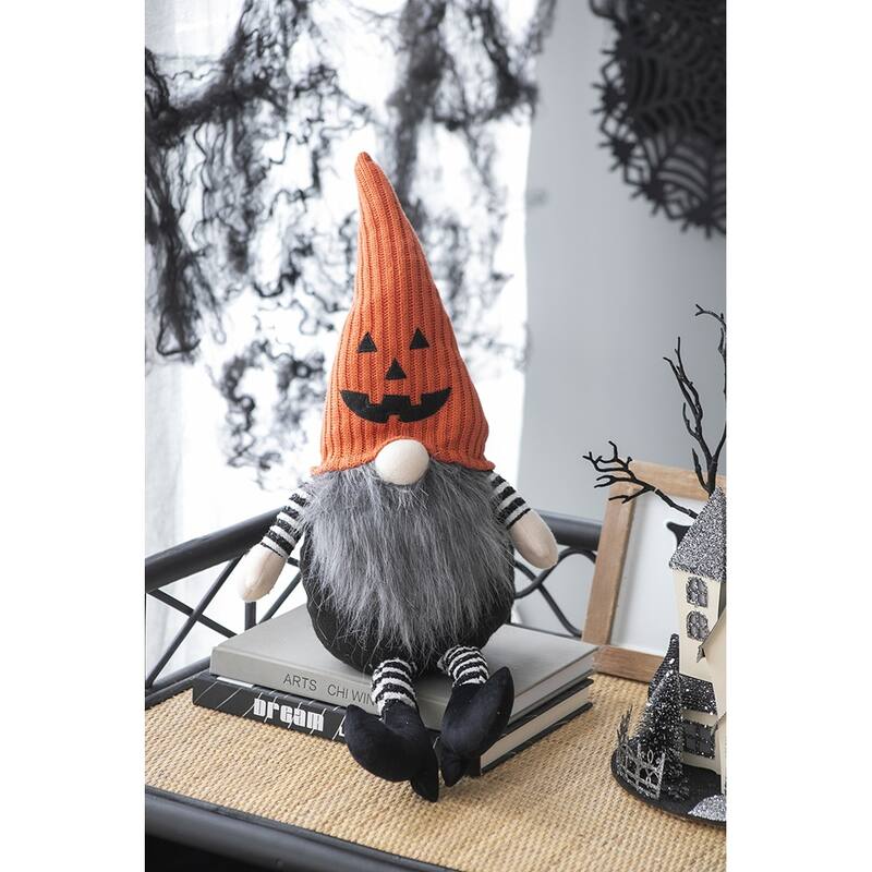 8.3x4.7x23.5" Fabric Sitting Gnome with Orange Knit Hat, for Halloween Decor