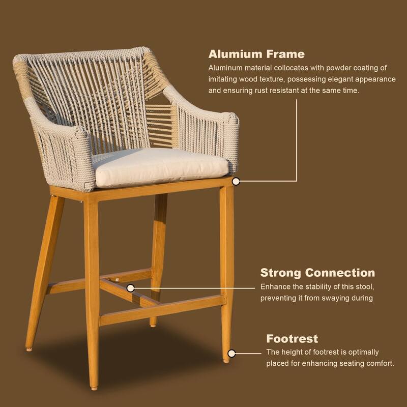 Set of 2 Outdoor Counter Height Bar Stools with Armrest, Backrest, and Cushions