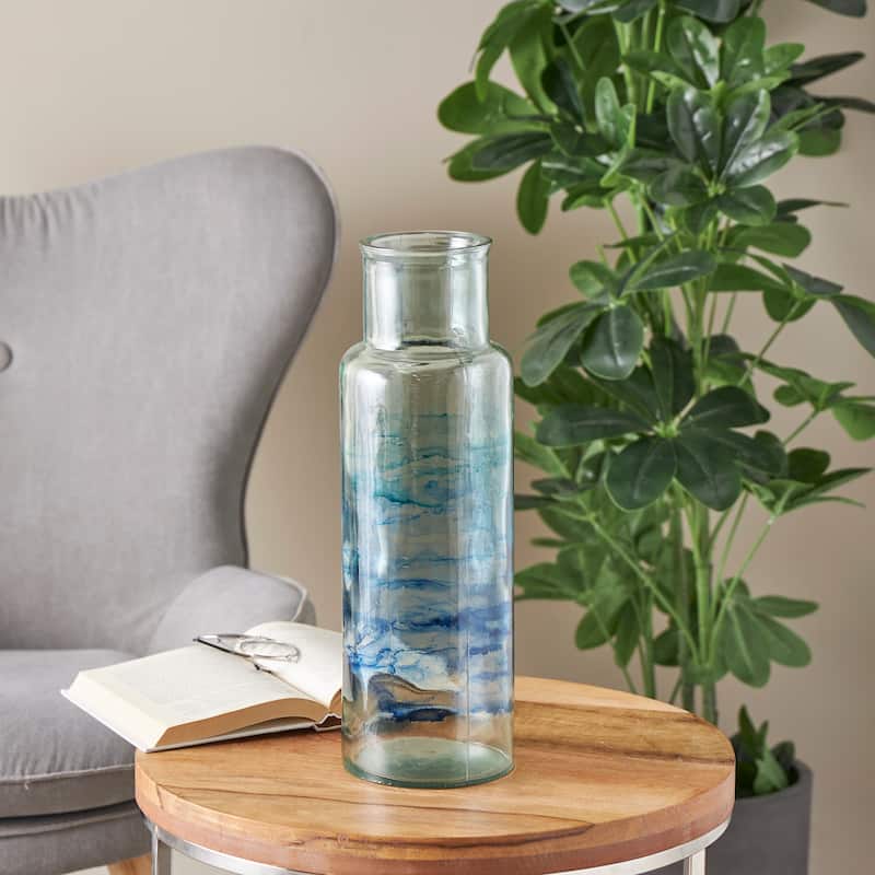 Blue Recycled Glass Ombre Abstract Vase - Blue - 6"W, 18"H