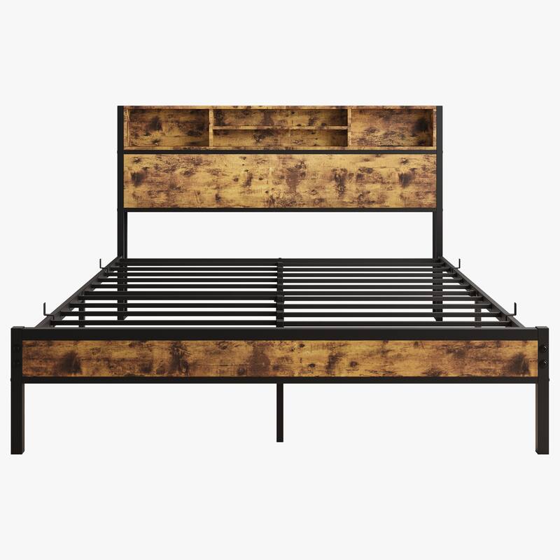 Bookcase Storage Platform Bed with Charging Station