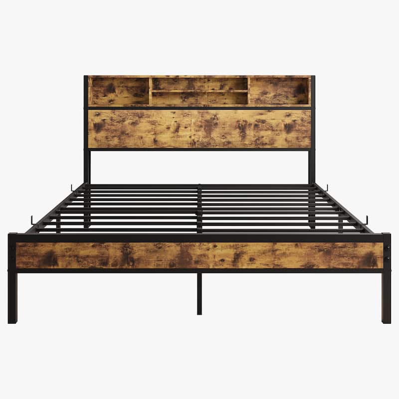 Wood Queen Size Bed for Adult Bedroom with Storage Headboard Metal Platform Bed Frame with Built-in 2 USB Ports and 2 Sockets