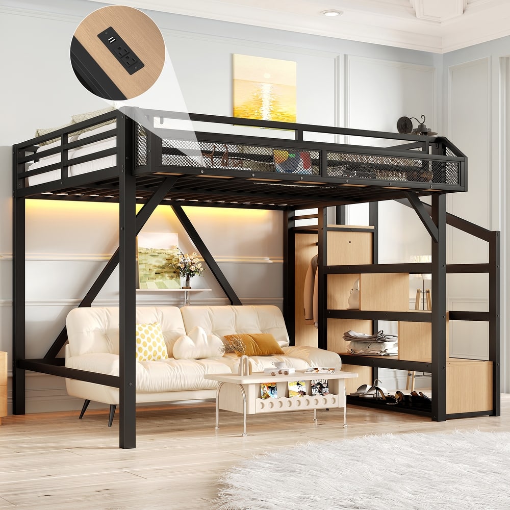 Noise-reduced Design Metal Loft Bed Frame with Storage Stairs, Shelves, Built-in Wardrobe, Light Strip and Charging Station