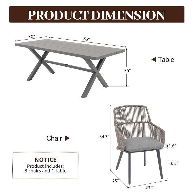 Outdoor Patio Dining Sets with PE Wicker Chairs and X-leg Aluminum Dining Table for 8 Persons