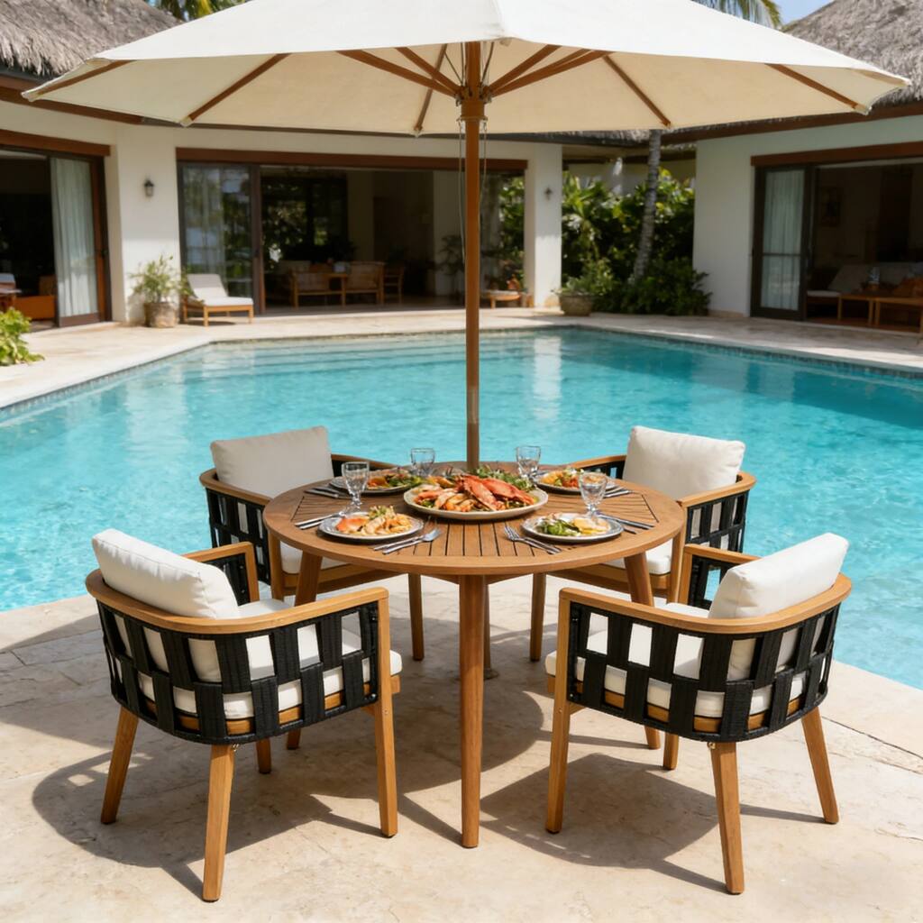 Christopher Knight Home - Modern 5-Piece Outdoor Patio Dining Set with Woven Rope Acacia Chairs and Round Slatted Dining Table