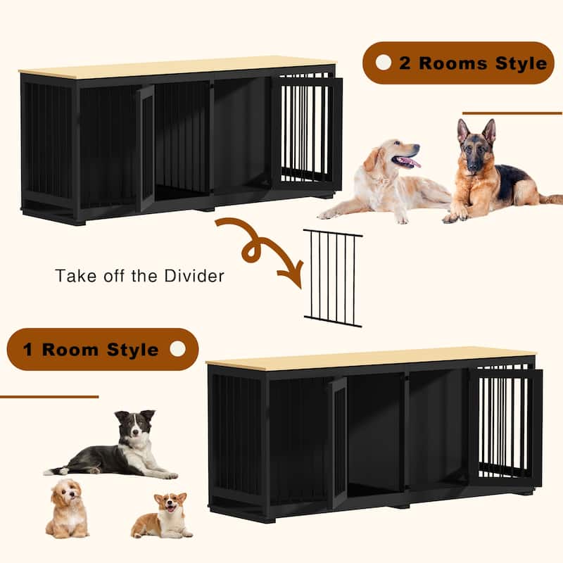 70.9" Large Double Wooden Dog Crate Furniture, Kennel with Dividers
