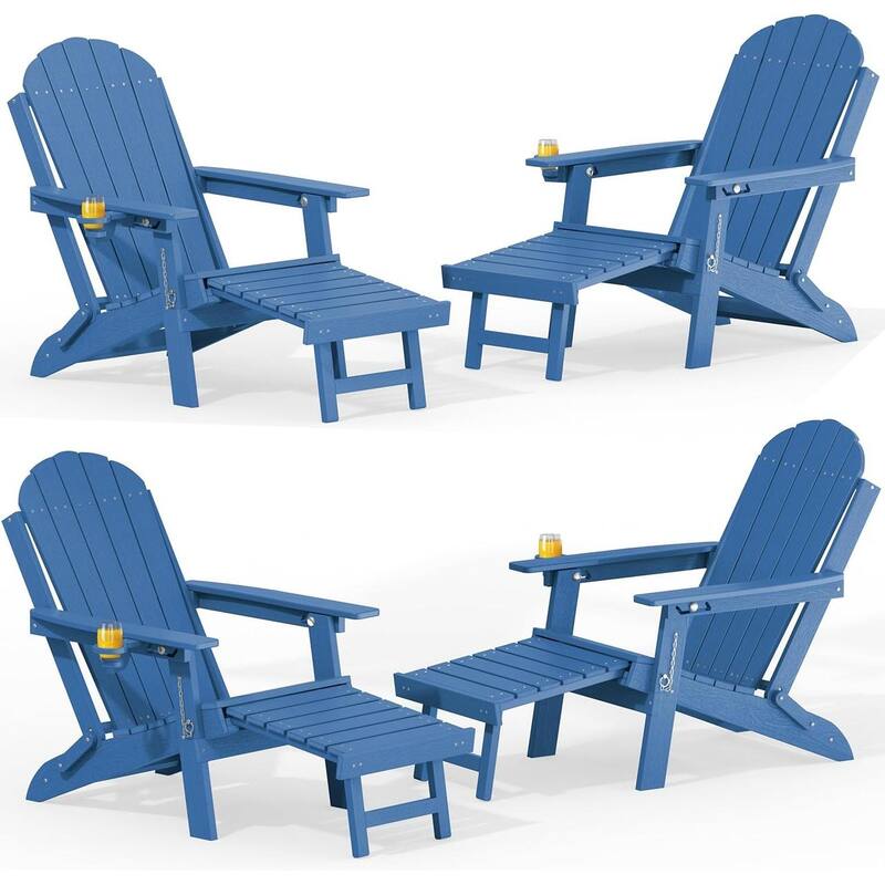 WINSOON Outdoor All-Weather HDPE Folding Adirondack Chair with Ottoman, Cup Holder & Adjustable Back Set of 4 - Blue