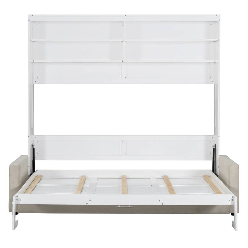 Foldable Canbinet Bedframe Storage Murphy Bed Queen Size Wall Bed with Integrated Linen Upholstered Sofa and Open Shelves