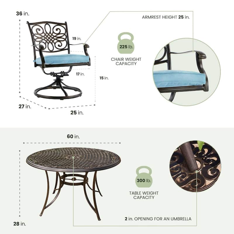 Hanover Traditions 7-Piece Dining Set in Blue with a 60 In. Round Cast-top Table and Six Swivel Rockers