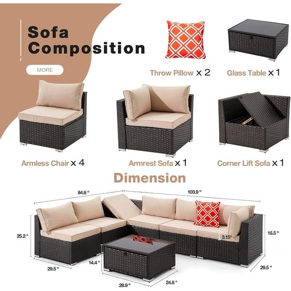 dimension image slide 3 of 6, EROMMY 6/7 Piece Modular Outdoor Rattan Sofa Set, All-Weather Wicker Patio Furniture with Storage Table, Cushions & Pillows