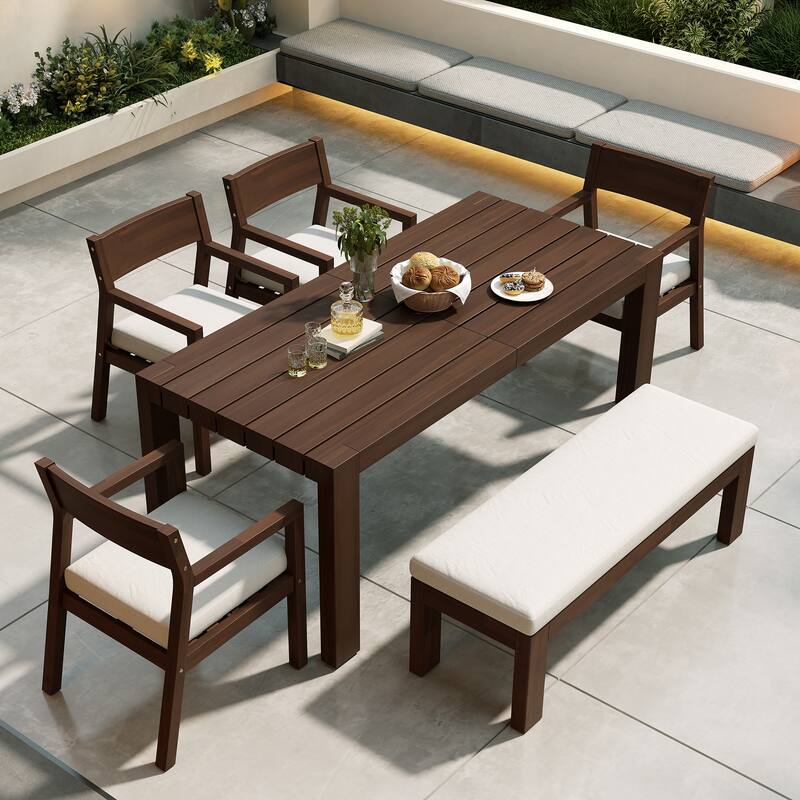 Outdoor Patio Dining Table Set for 6 - Person with Umbrella Hole Acacia Wood and Removable Cushions