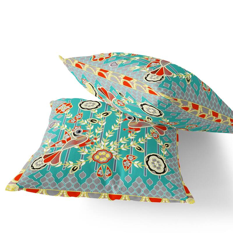 HomeRoots Set of Two 16" X 16" Blue and Yellow Peacock Blown Seam Floral Indoor Outdoor Throw Pillow - 16.00' X '16.00' X '5.00