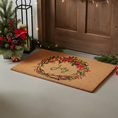 HomeRoots 24" X 36" Brown Red And Green Christmas Outdoor Coir Door Mat - 24.00' X '36.00