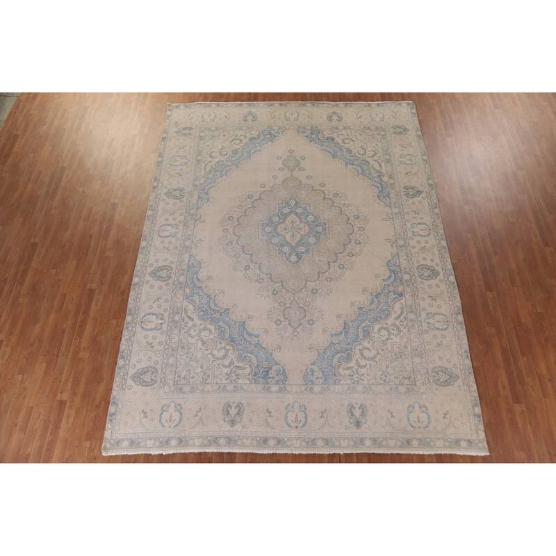 Hand Knotted Oriental 100% Wool Carpet Traditional Medallion Beige & Ivories Tabriz Area Rug - 12' 10'' X 9' 6''