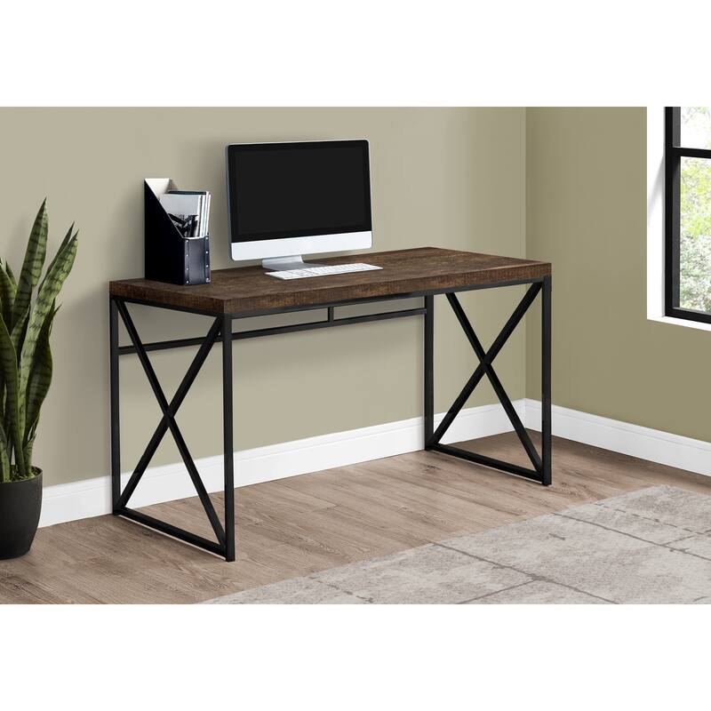 Computer Desk, Home Office, Laptop, Work, Brown Laminate, Black Metal, Contemporary