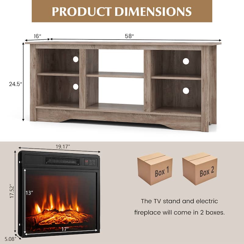 Gymax 58'' TV Stand w/ 18'' Electric Fireplace Heater 3-Adjustable