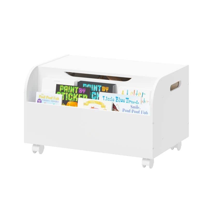 Wooden Toy Box with 4 Universal Wheels, Kids Toy Storage Organizer with Front Bookshelf, Flip