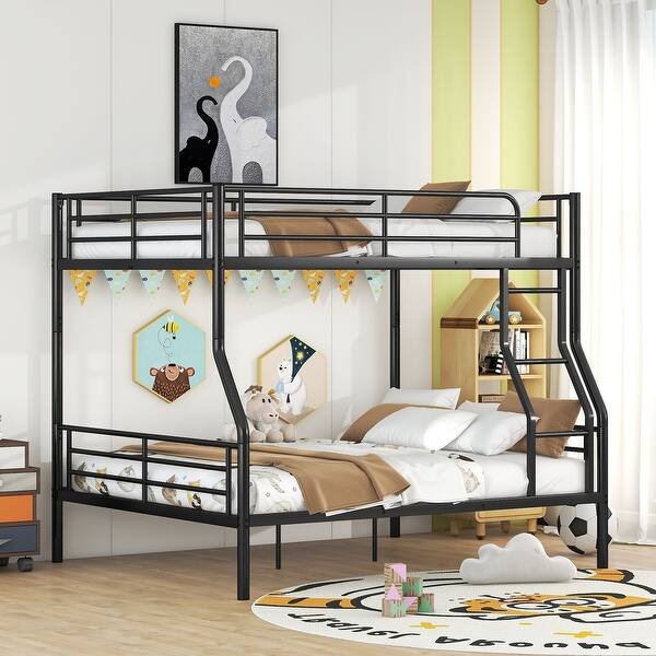 slide 2 of 11, Full XL Over Queen Metal Bunk Bed with Chrome Finish , Durable Iron Frame with Safety Guardrails Black