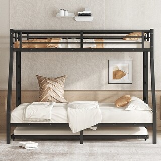 Metal Bed Frame Twin Over Full Bunk Bed with Twin Size Trundle Bed, Built-in Ladder and Full-Length Guardrails for Kids