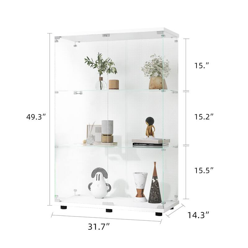 Two-door Glass Display Cabinet 3 Shelves with Door, Floor Standing Curio Bookshelf, 49.3"*31.7"*14.3", White