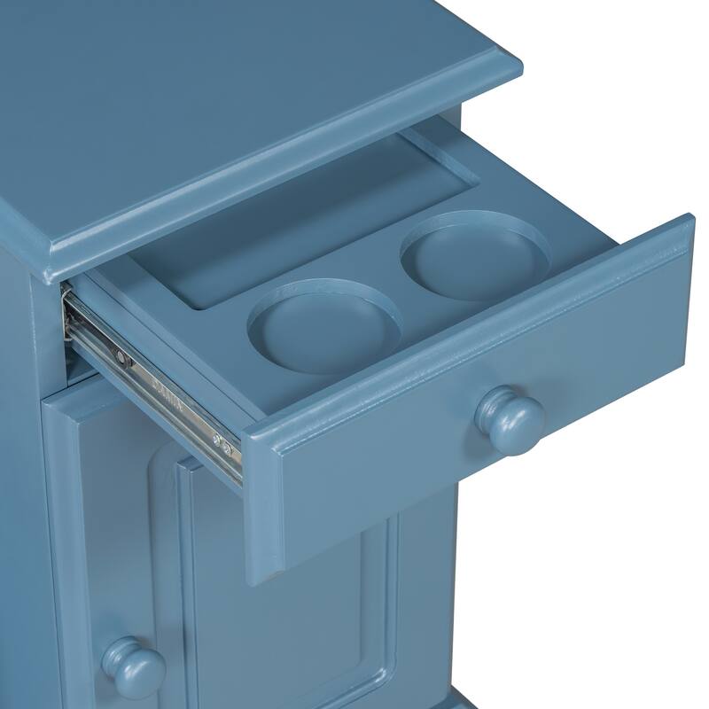 Vintage End Table with USB Ports and Multifunctional Drawer with Cup Holders