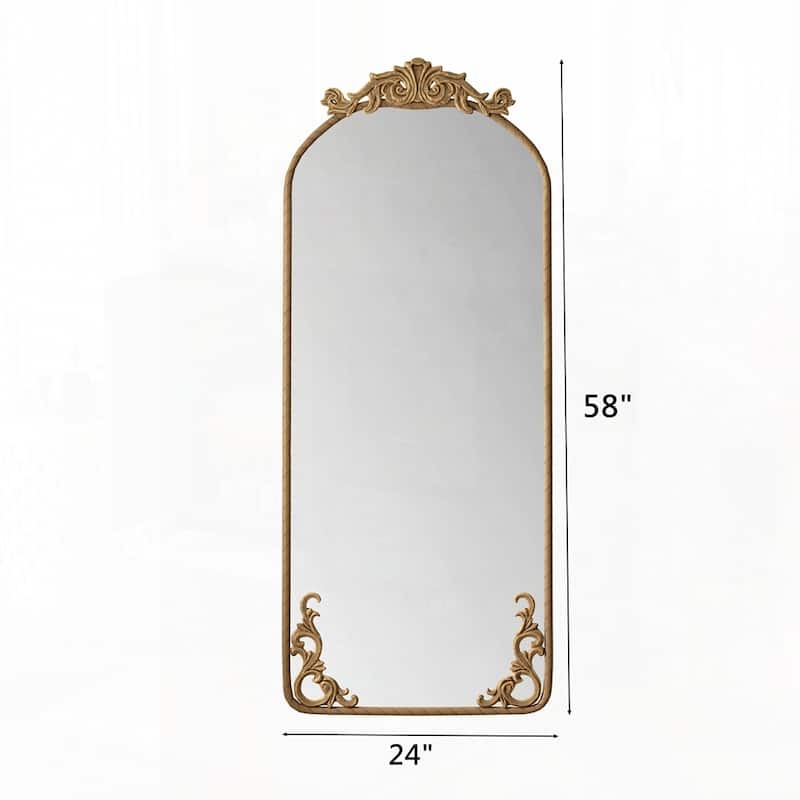 Arched Full Body Mirror with Vintage Ornate Carved Applique on Top and Bottom - 58"x24"