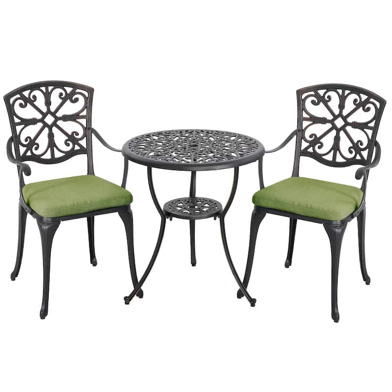 Outdoor 3-Piece Cast Aluminum Patio Set with Cushions and Umbrella Hole