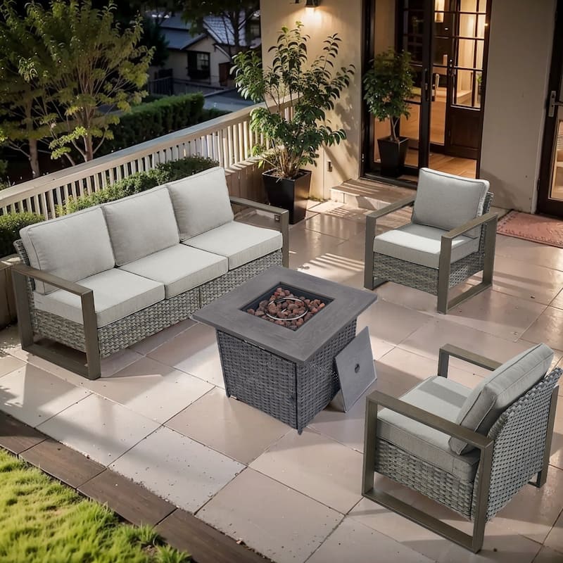 Pocassy Outdoor Fire Pit Conversation Set 3-Seat Sofa Chairs Patio Furniture Set - Grey Wicker Gray Cushion - 4-Piece Sofa Patio Chair with Fire Table