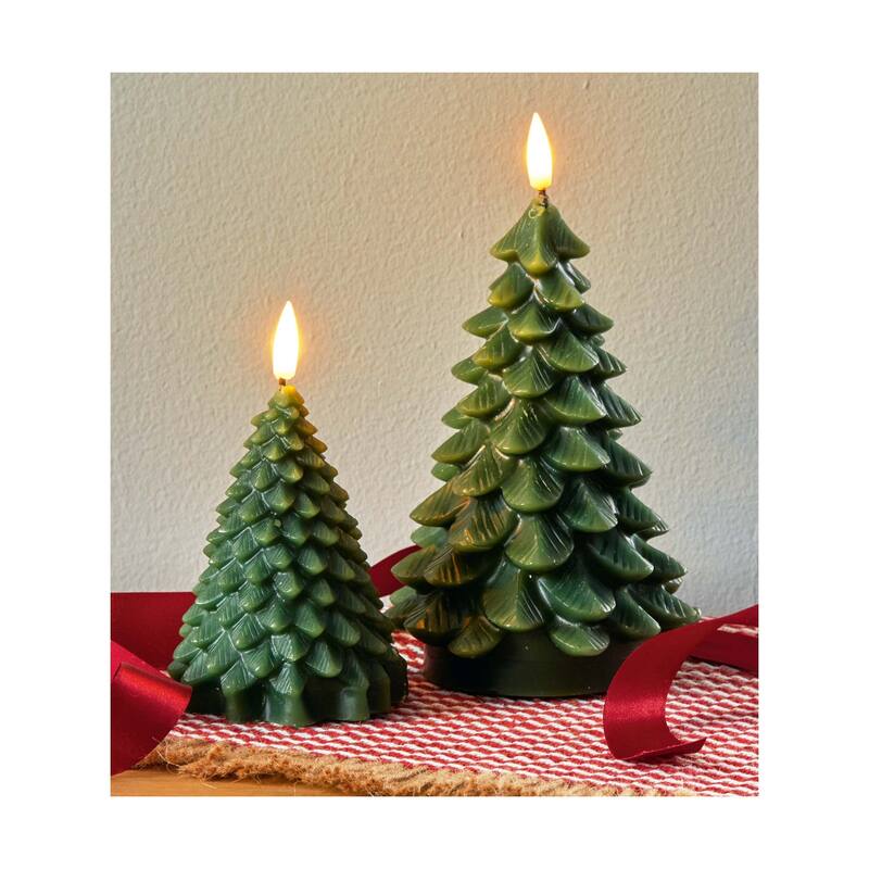 Large Pine Tree LED Flameless Candle - Sculpted Christmas Decor - Green Wax - 8" H x 4.5" L x 4.5" W - Wipe Clean
