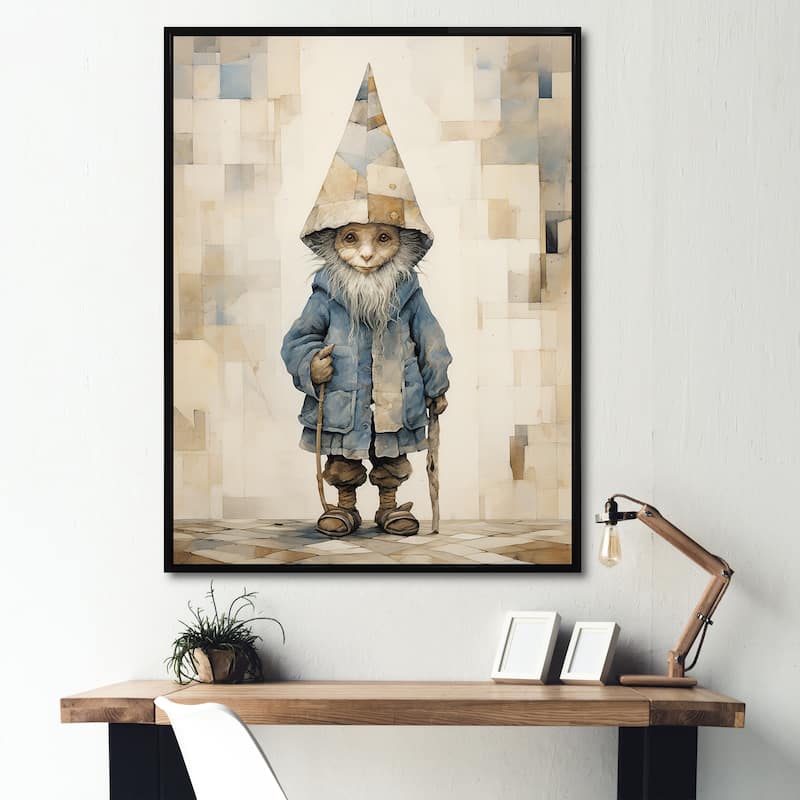 Designart "Fantasy Beige And Blue Gnome Portrait" Gnome Framed Canvas Prints - 16 in. wide x 32 in. high - Black
