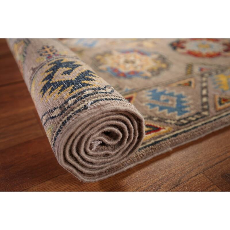 Geometric Brown Kazak Oriental Runner Rug Hand-Knotted Wool Carpet - 1'11" x 5'11"