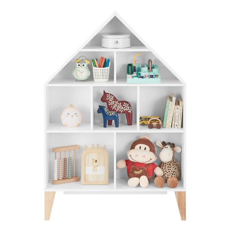 Danya B. Steiner White Dollhouse 8-Compartment Kids Book or Toy Figure Display Unit Freestanding Bookshelf with Beech Legs