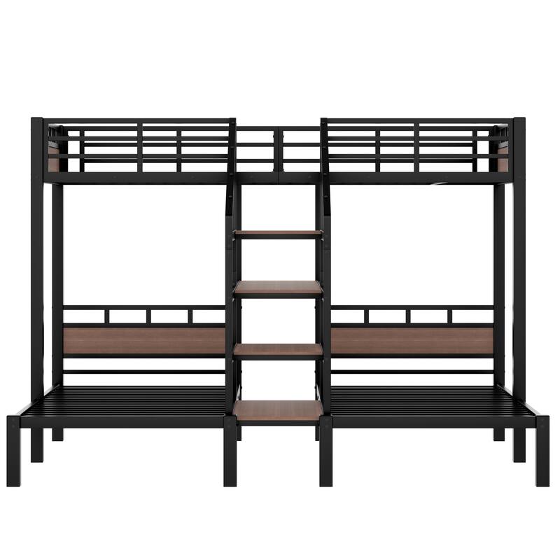 Roomfitters Twin/Queen Metal Triple Bunk Bed with Storage Shelves & Stairs, Space-Saving Heavy-Duty Frame, Black