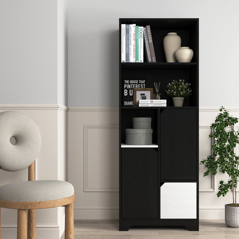 Multifunctional Open Storage Space Bookcase with Doors and Drawer,Modern Style Bedroom Living Room Storage Cabinet - Black