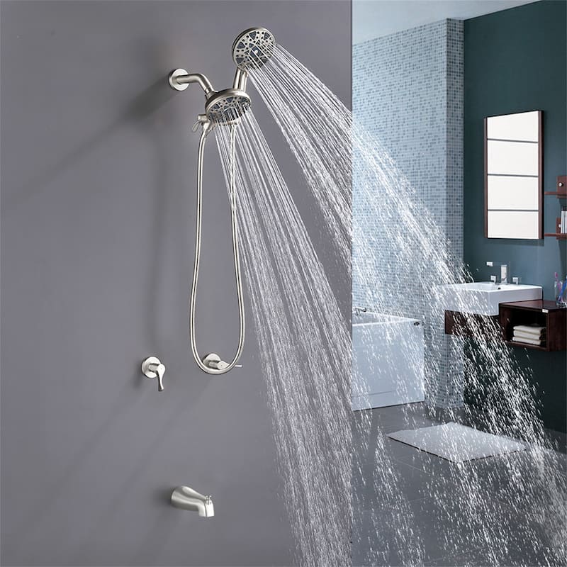 Wall Mount Dual Head Shower Faucet with Tub Spout Brass Complete Shower System with Handheld Shower Valve Included