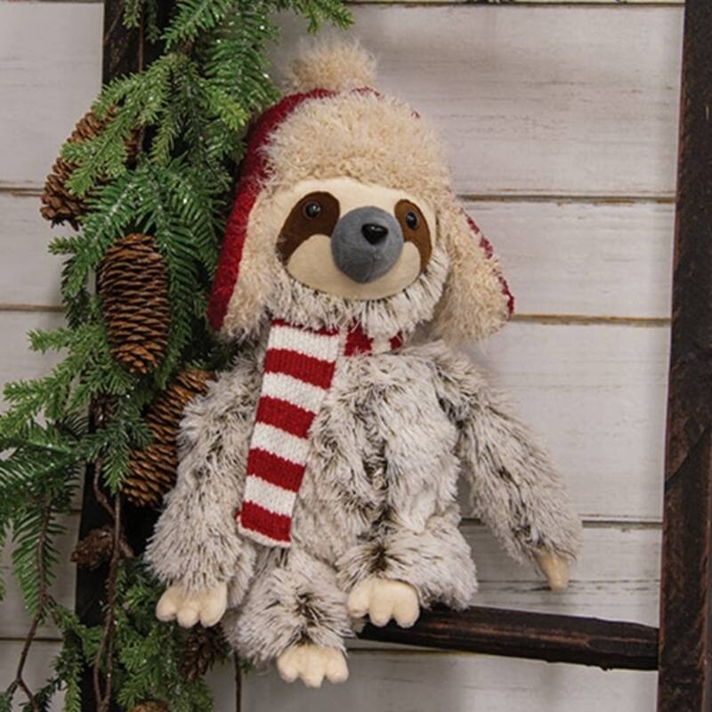 Fuzzy Sloth with Trapper Hat 15 Inch Christmas Decoration - 10” x 6” x 15.75”